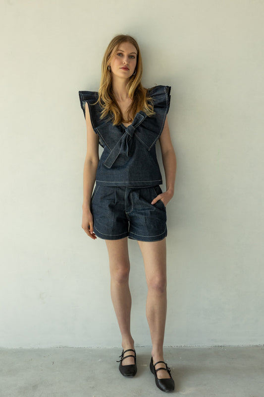 Rokkie Denim 09 / 04 Short — high-waisted short, curved hem at the side seam
