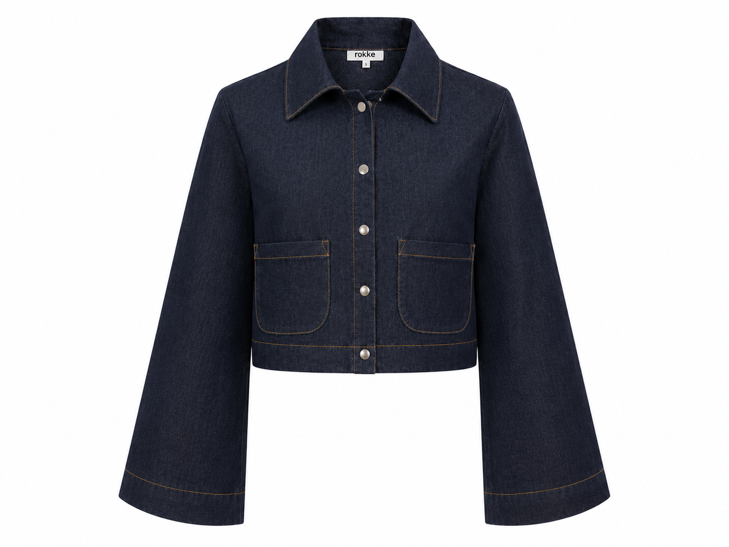 Rokkie Denim No. 01 Jacket — indigo denim, wide sleeves, flat lay