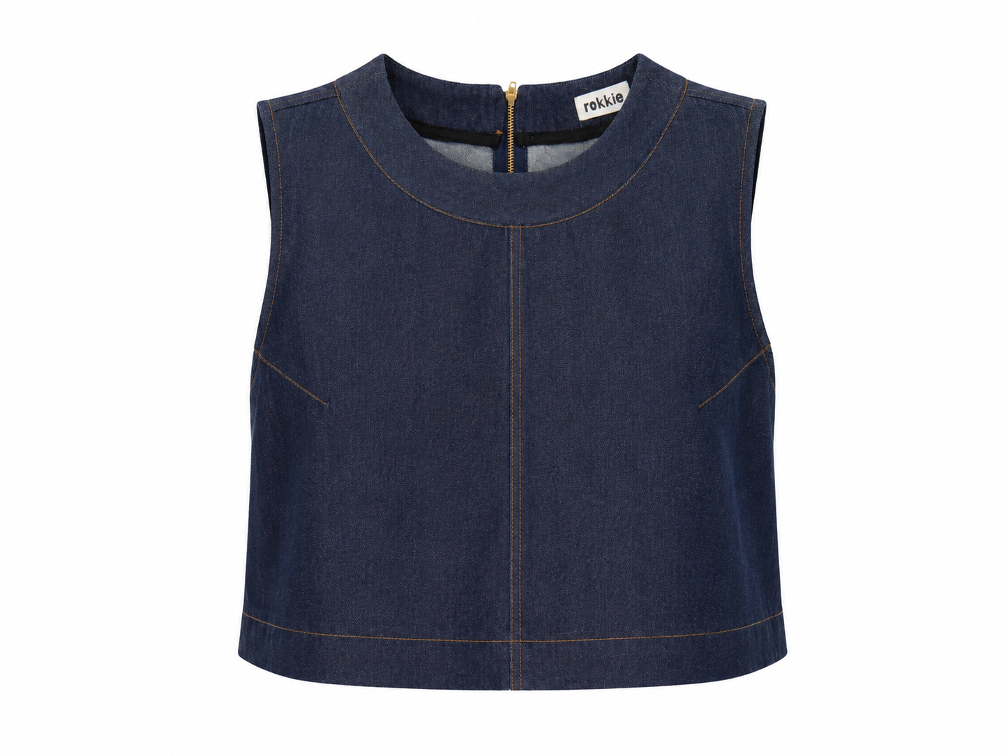 Rokkie Denim No. 02 Top — indigo denim crop top, flat lay