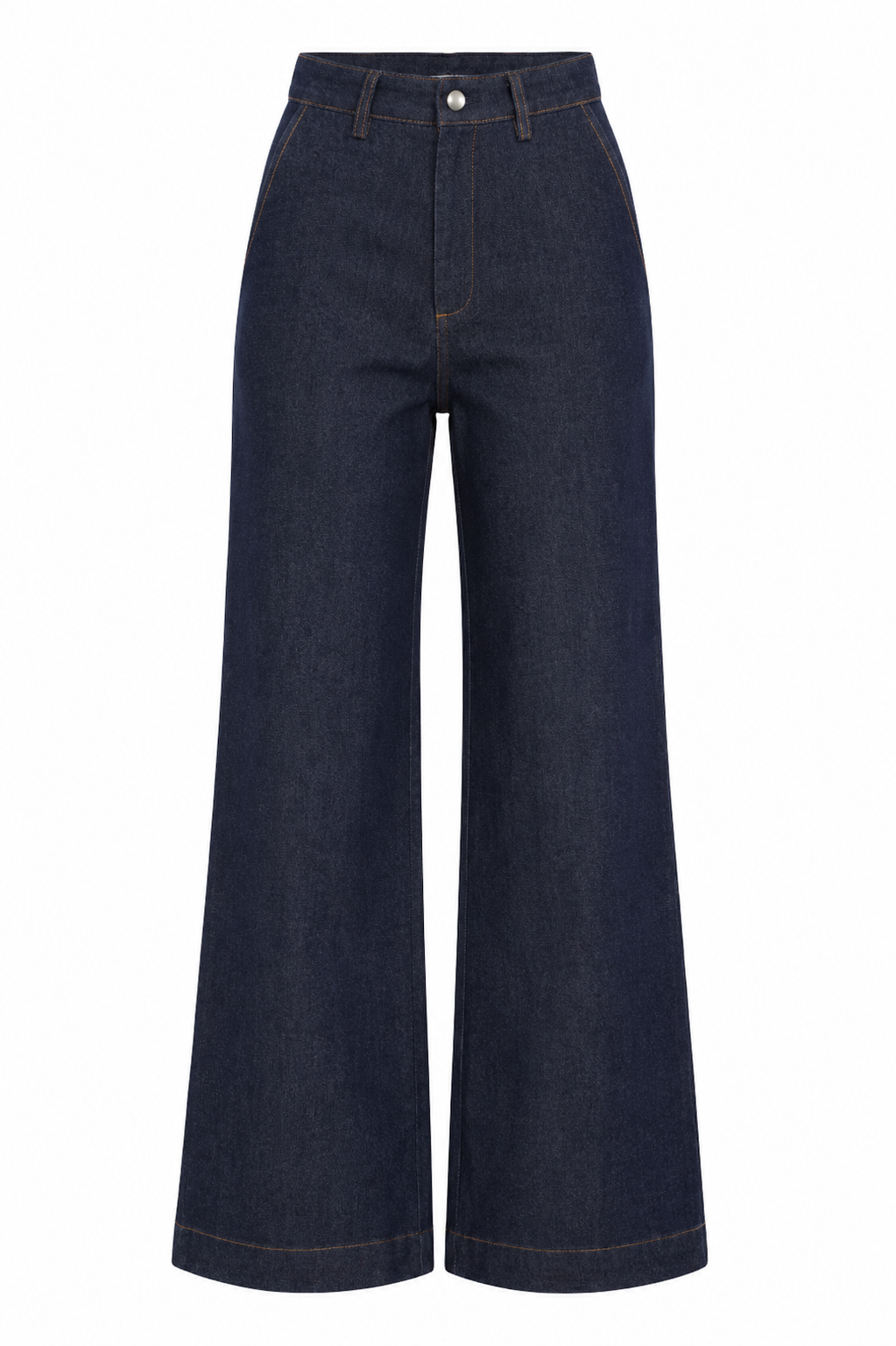 Rokkie Denim No. 04 Pant — indigo denim wide-leg pant, flat lay