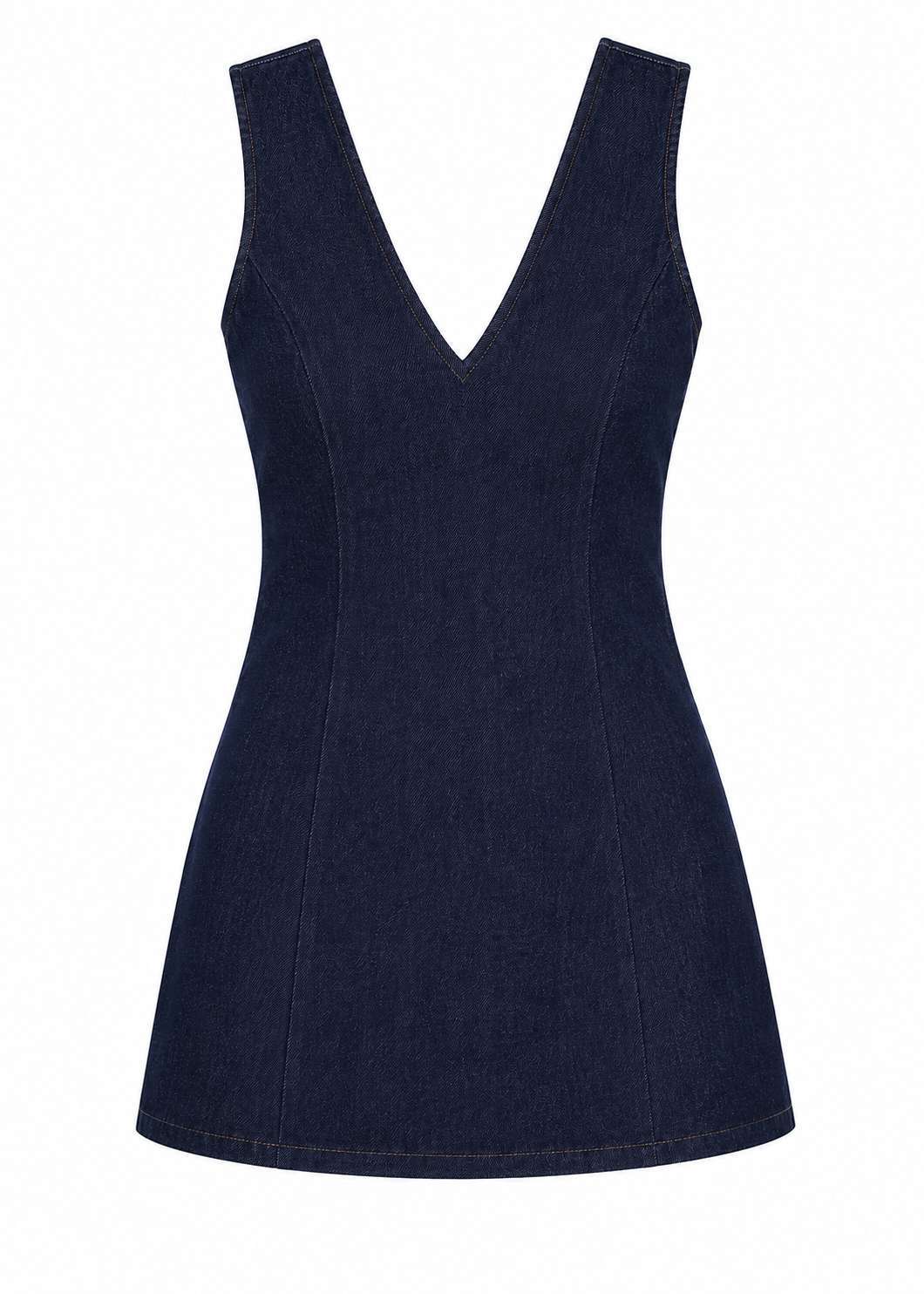 Rokkie Denim No. 06 Dress — indigo denim V-neck mini dress, flat lay