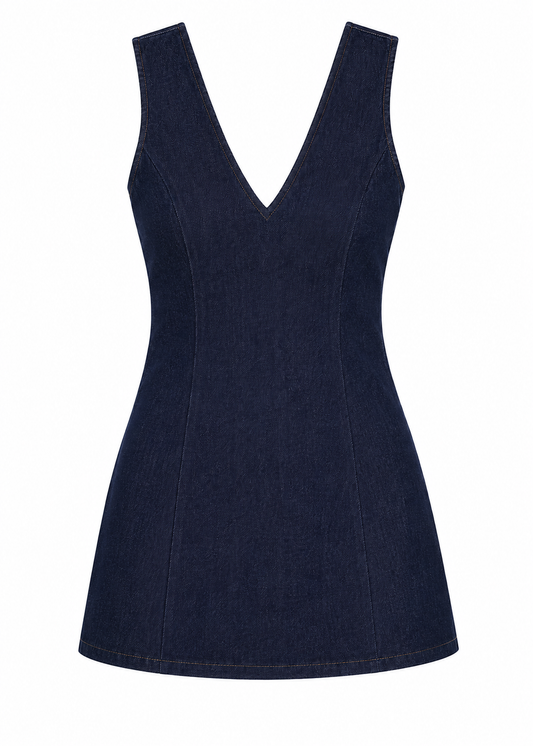 Rokkie Denim No. 06 Dress — indigo denim V-neck mini dress, flat lay