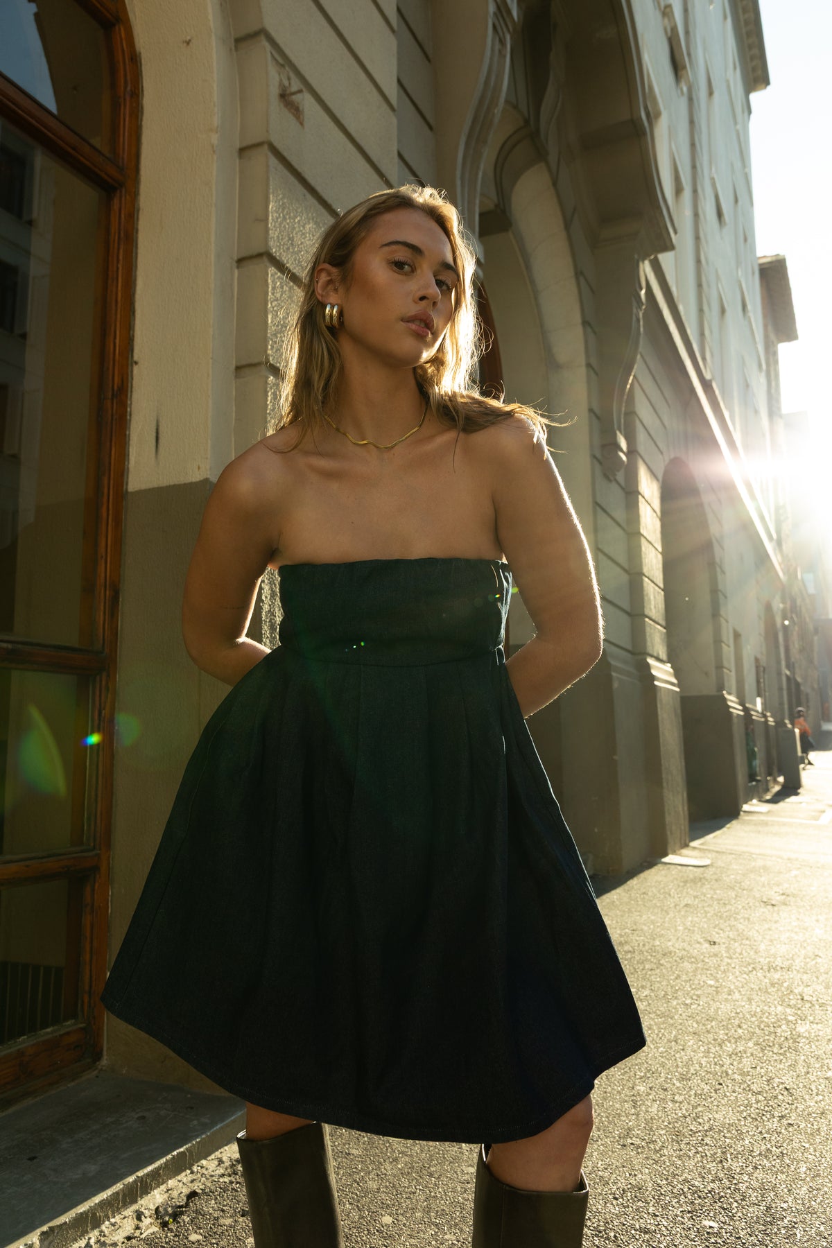 Rokkie Denim No. 05 Dress — worn front view, street setting