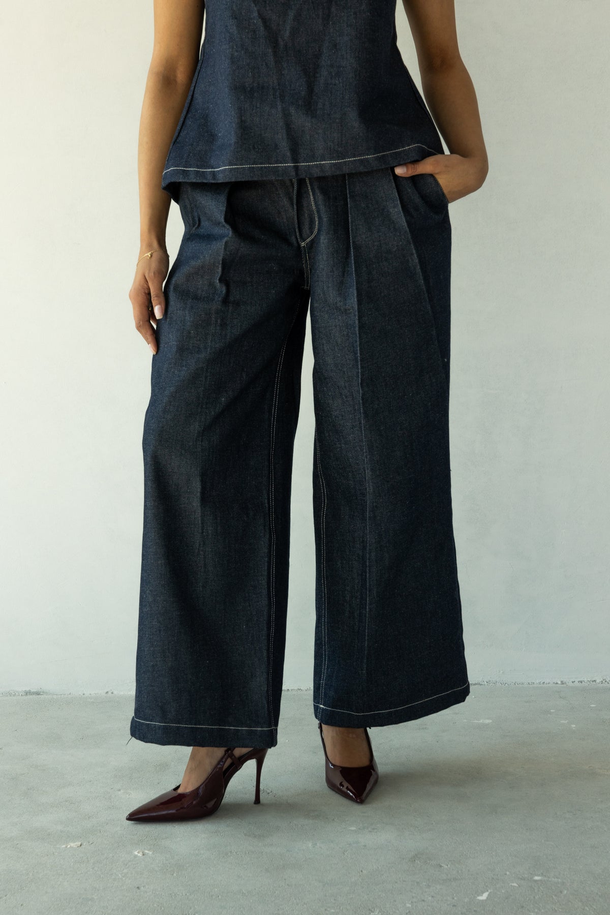 Rokkie Denim 09 / 03 Trouser — wide-leg trouser, pleated front, drawstring waist