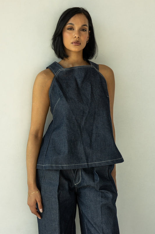 Rokkie Denim 09 / 02 Top — high square neckline, crossed straps at the open back