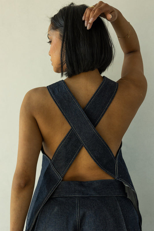 Rokkie Denim 09 / 02 Top — high square neckline, crossed straps at the open back