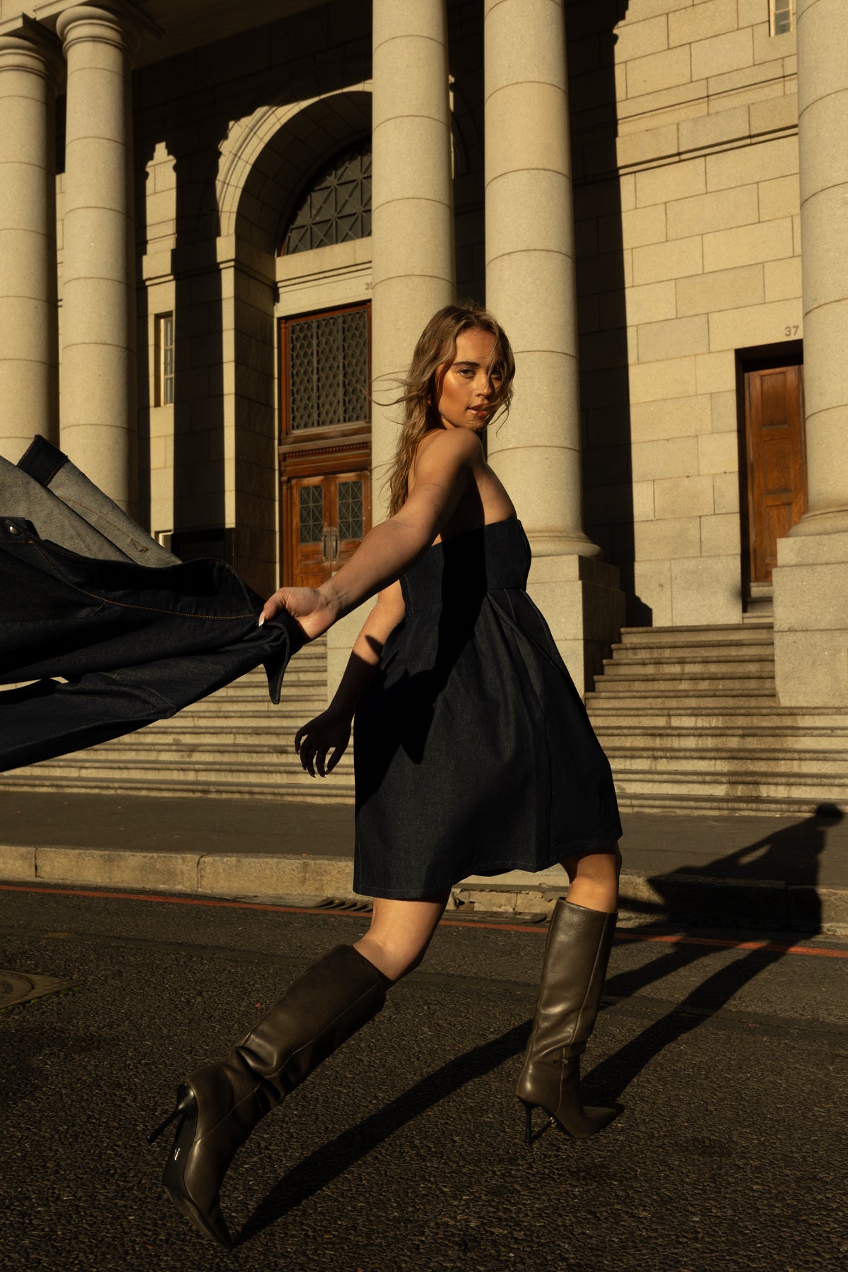 Rokkie Denim No. 05 Dress — worn in motion, editorial street shot