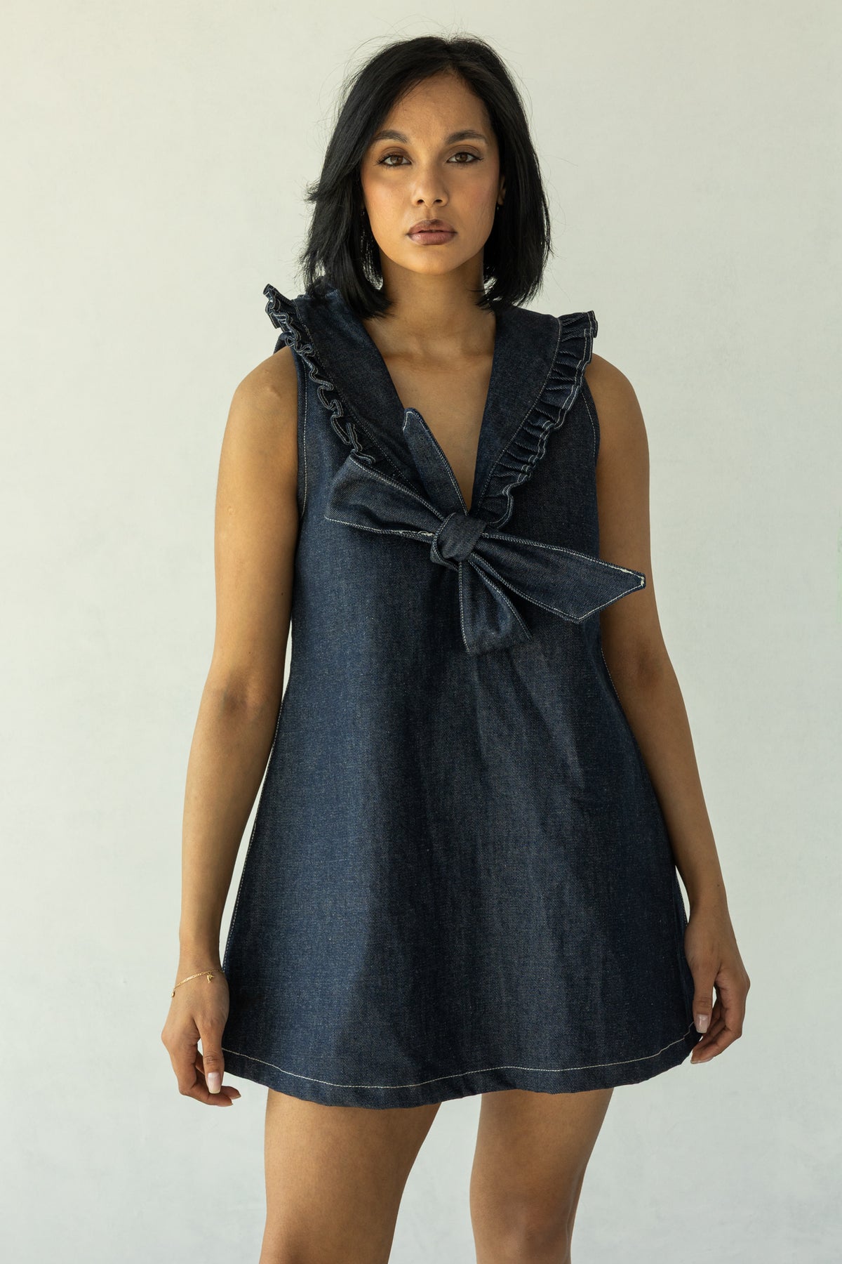 Rokkie Denim 09 / 06 Dress — ruffle-trim V-neck mini dress, A-line swing skirt