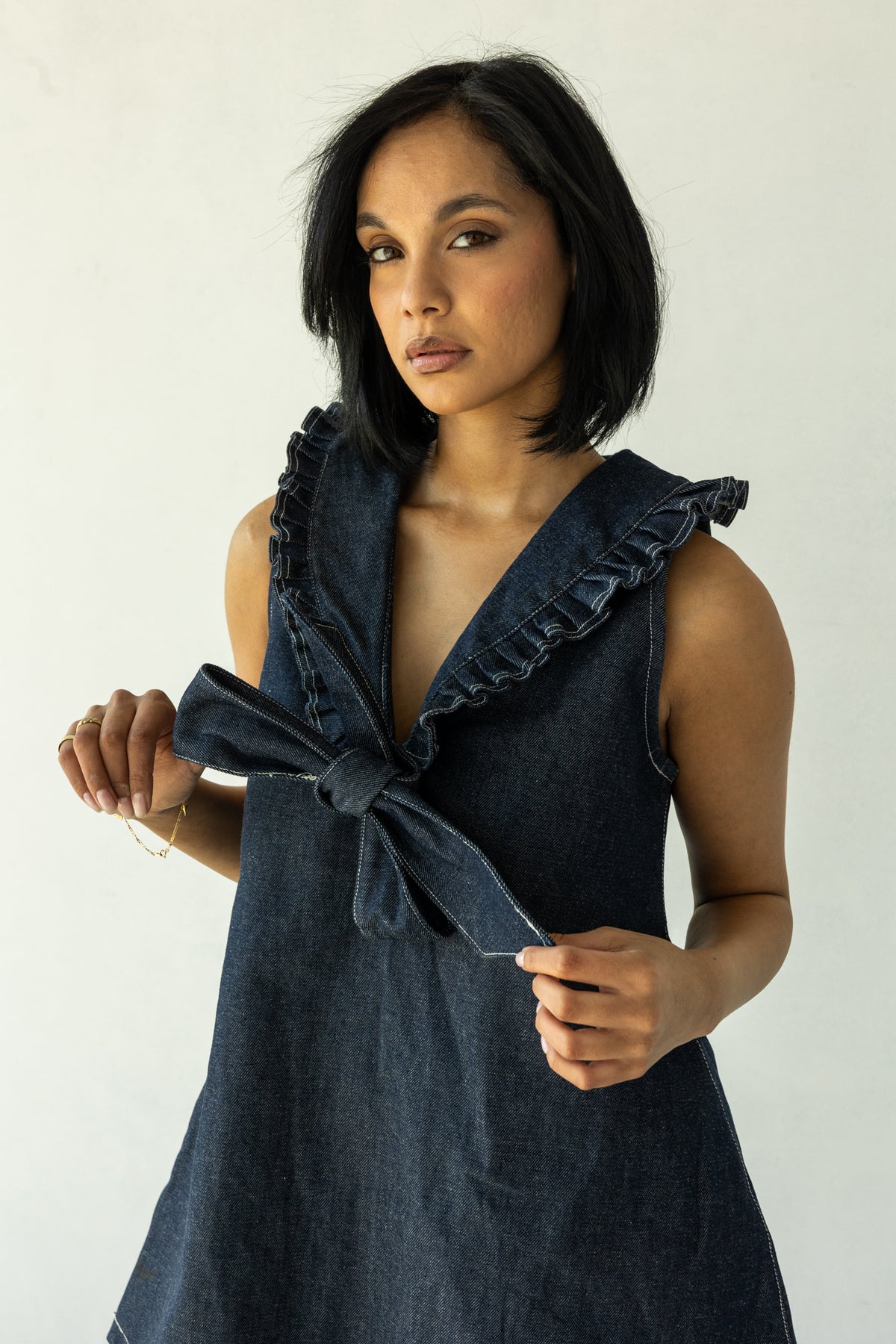 Rokkie Denim 09 / 06 Dress — ruffle-trim V-neck mini dress, A-line swing skirt