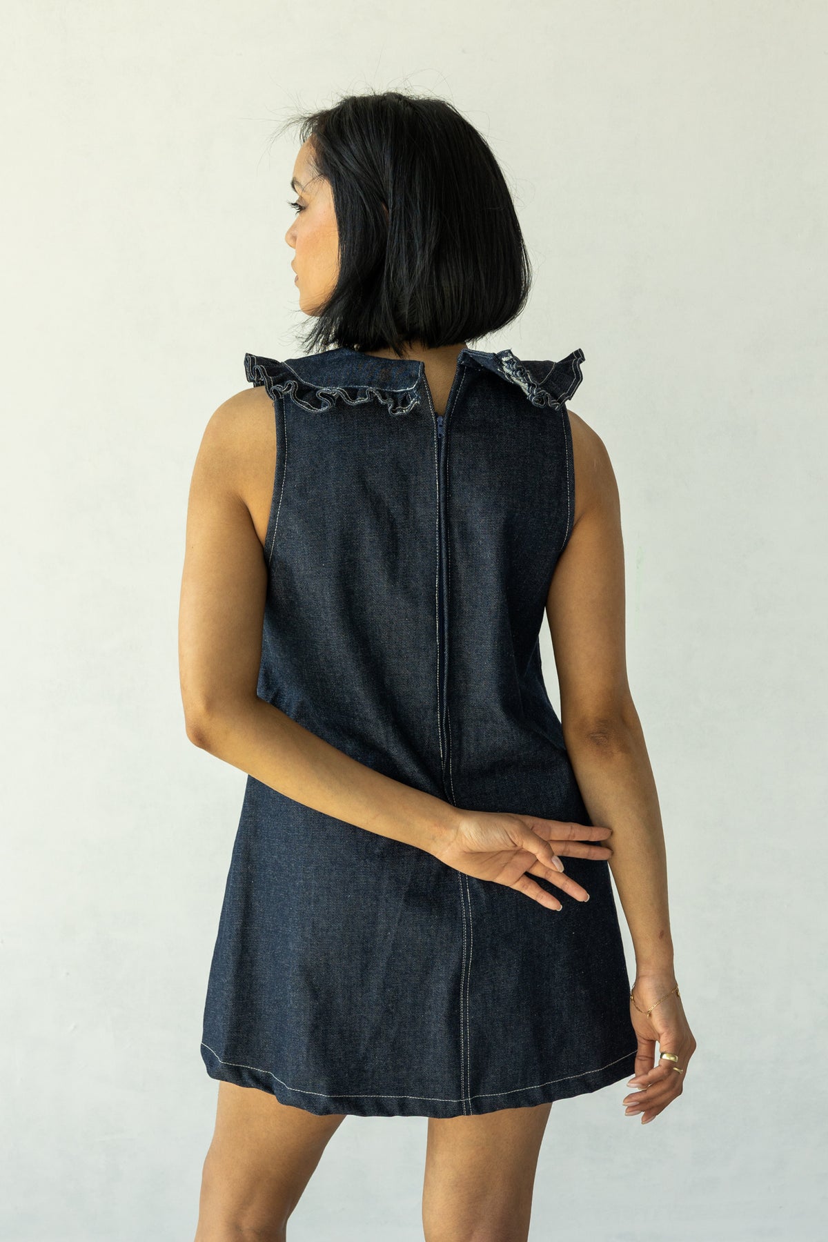 Rokkie Denim 09 / 06 Dress — ruffle-trim V-neck mini dress, A-line swing skirt