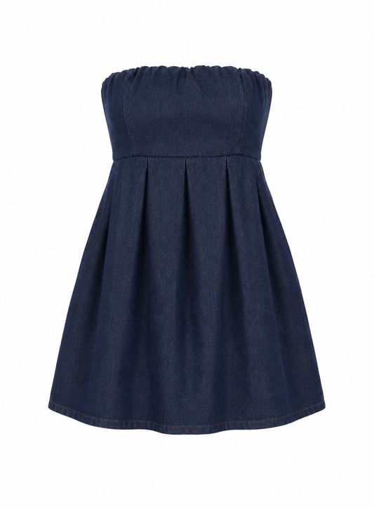 Rokkie Denim No. 05 Dress — indigo denim strapless mini dress, flat lay