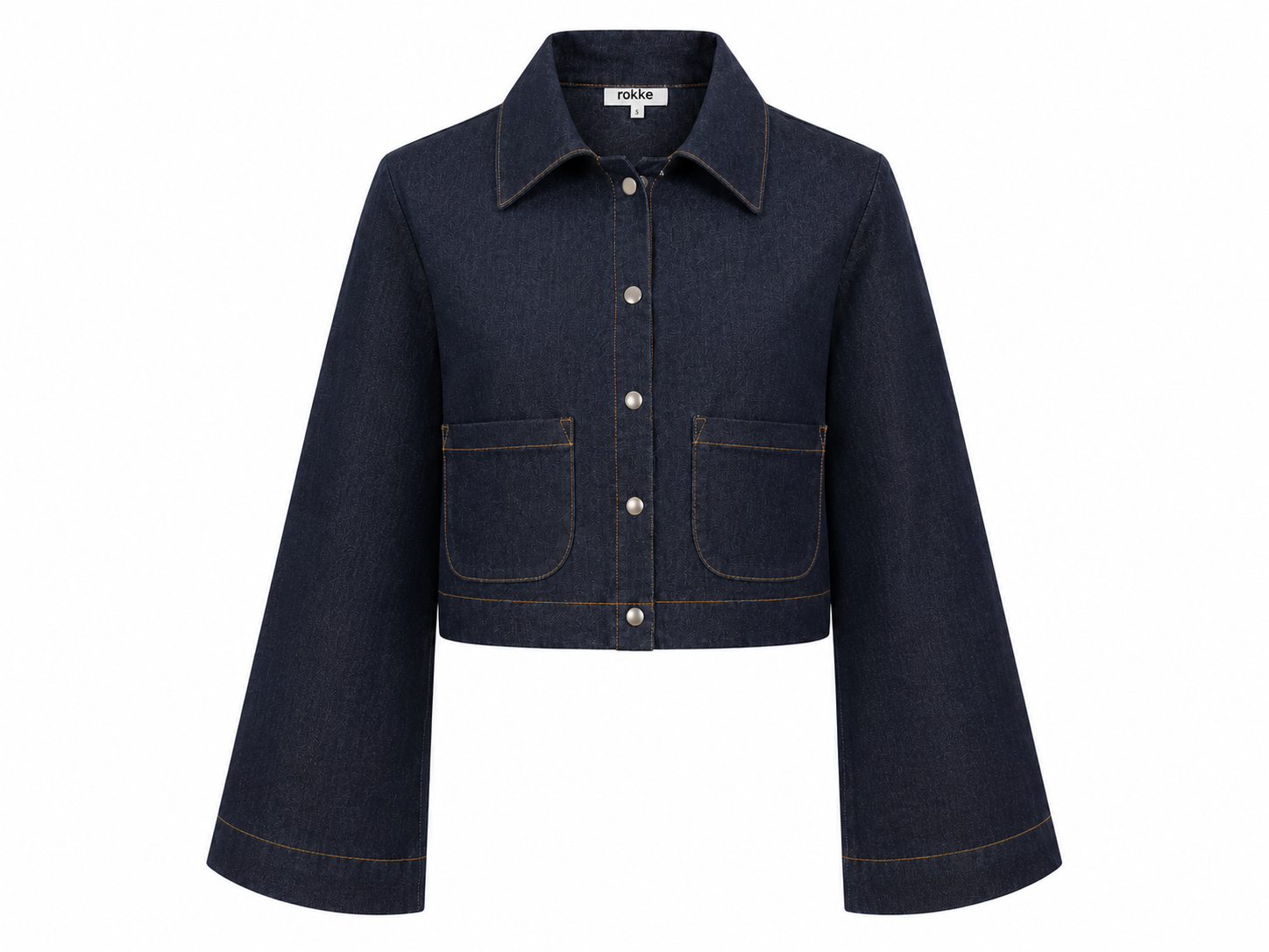 Rokkie Denim No. 01 Jacket — indigo denim, wide sleeves, flat lay