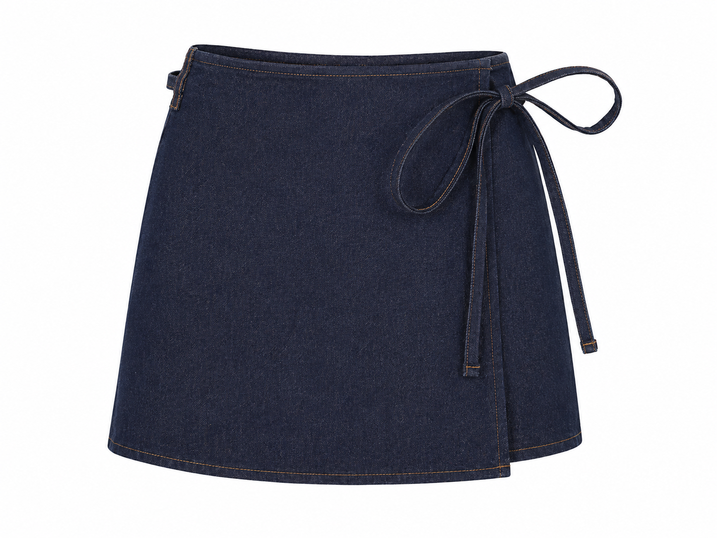 Rokkie Denim No. 03 Skirt — indigo denim mini wrap skirt, flat lay