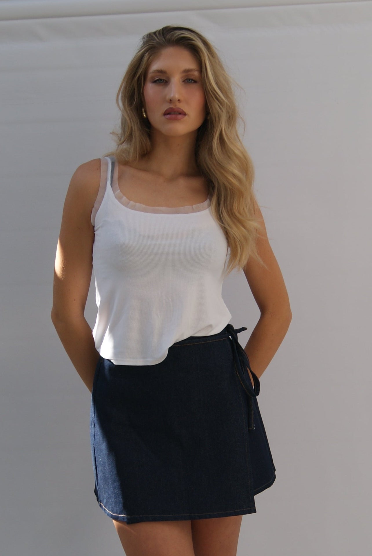 Rokkie Denim The Bamboo Top — worn front view, full length